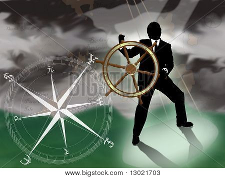 Representative of turmoil in world currencies.  Businessman/banker/broker at sea trying to navigate a storm with international currencies compass.