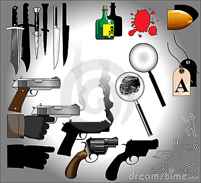 Murder mystery objects including guns, knives, forensics, magnifying glasses, bullets, blood, finger prints