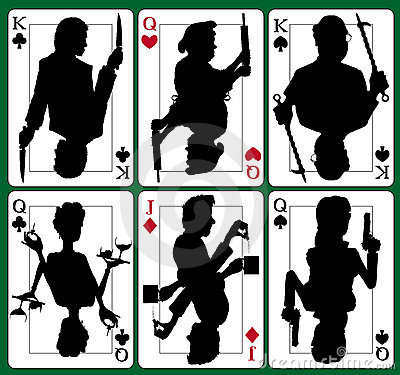 Murder Mystery Playing Cards, King, Qeen, Jack, Hearts, Diamonds, Spades, Clubs