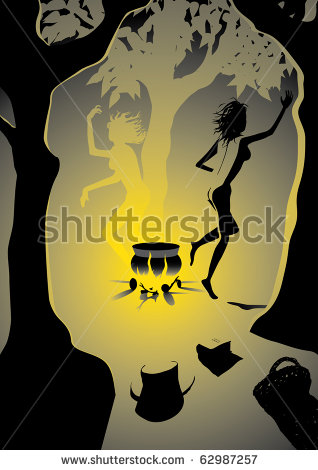 Two naked witches dance around a fire and cauldron in the forest - illustration