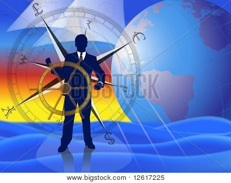 Businessman/banker/broker calmly navigating the financial markets with international currencies compass and world globe in background.